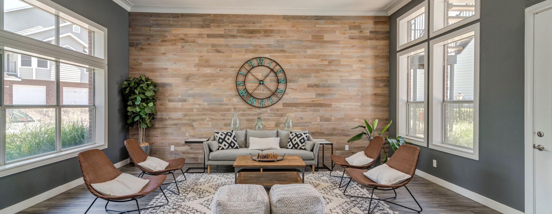 a living room with a large clock